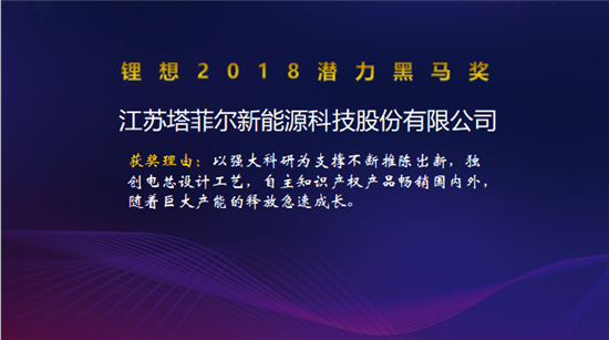 塔菲尔/国能电池/卡耐新能源/卓能新能源荣获“锂想2018潜力黑马奖”