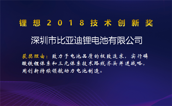 比亚迪/桑顿/微宏/塔菲尔获锂想2018技术创新奖 湖南鸿捷获锂想环保先锋奖