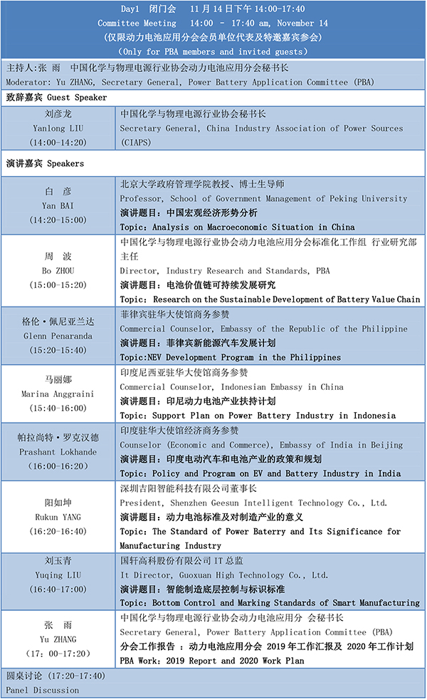 第四届动力电池应用国际峰会(CBIS2019)议程